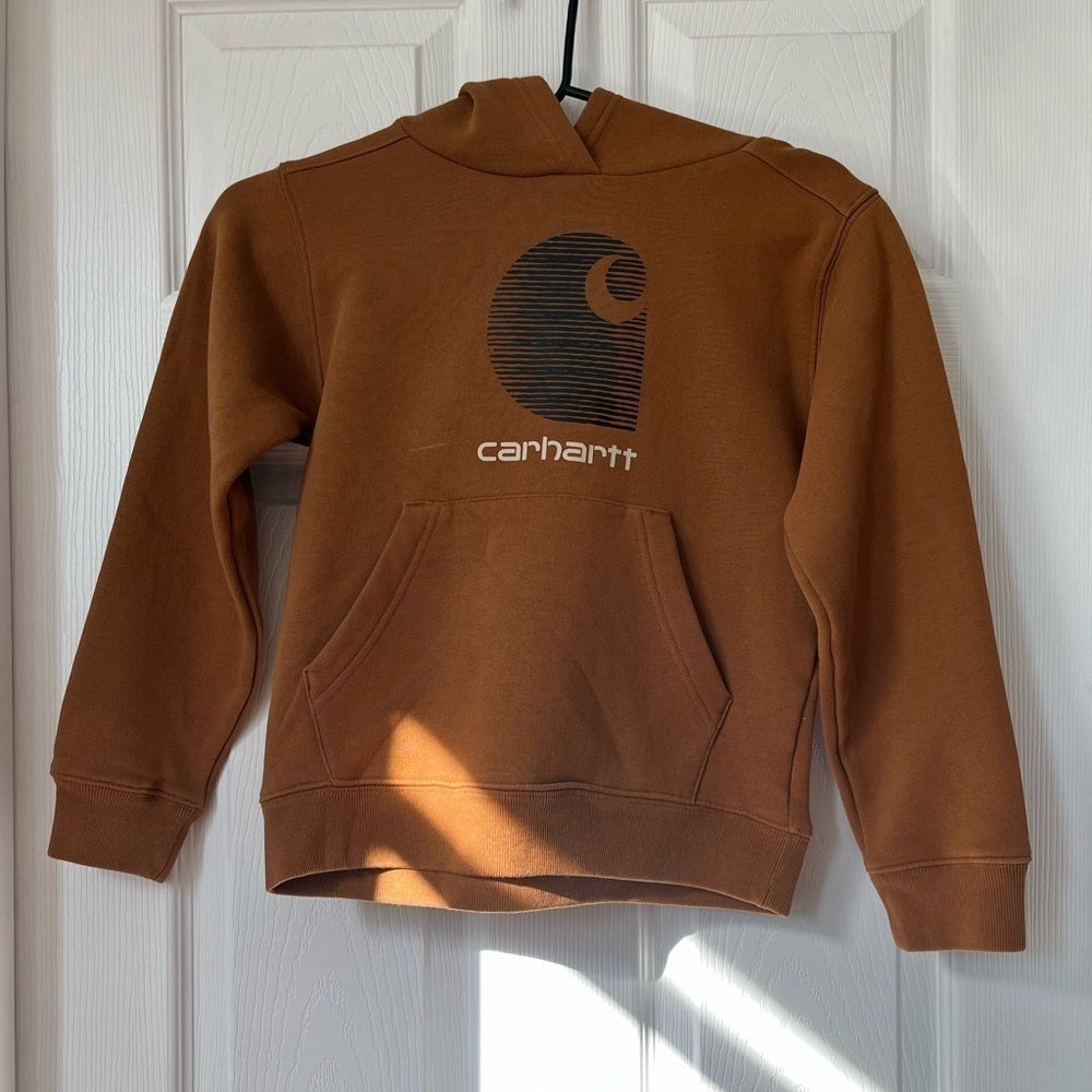 Carhartt boys tan hooded sweatshirt big logo size small 8/10 - Picture 1 of 6